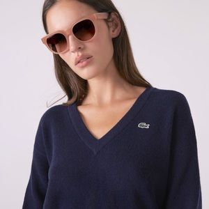 NWT LACOSTE Navy Blue V-Neck Wool Sweater